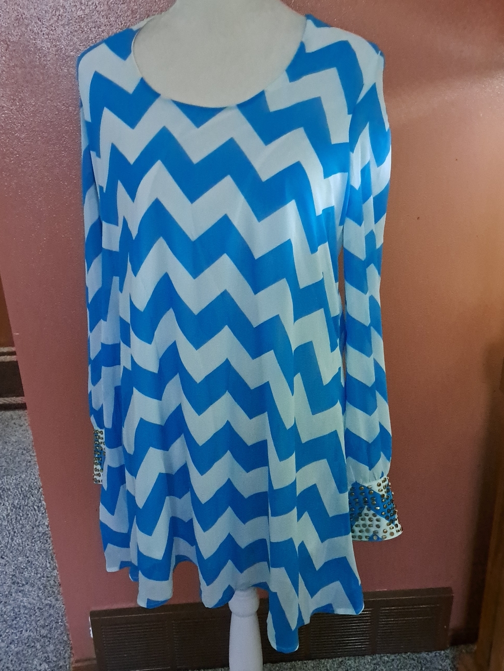 Blue and White Chevron Mini Dress with Beaded Cuffs